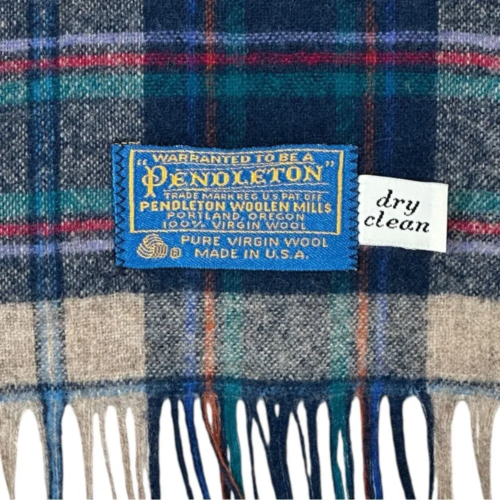 Pendleton Blue Virgin Wool Fringed Heritage Plaid Blanket Scarf Unisex USA Made